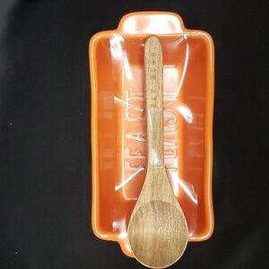 Rae Dunn NWT "FEAST" Mini Loaf Pan with Wooden Spoon